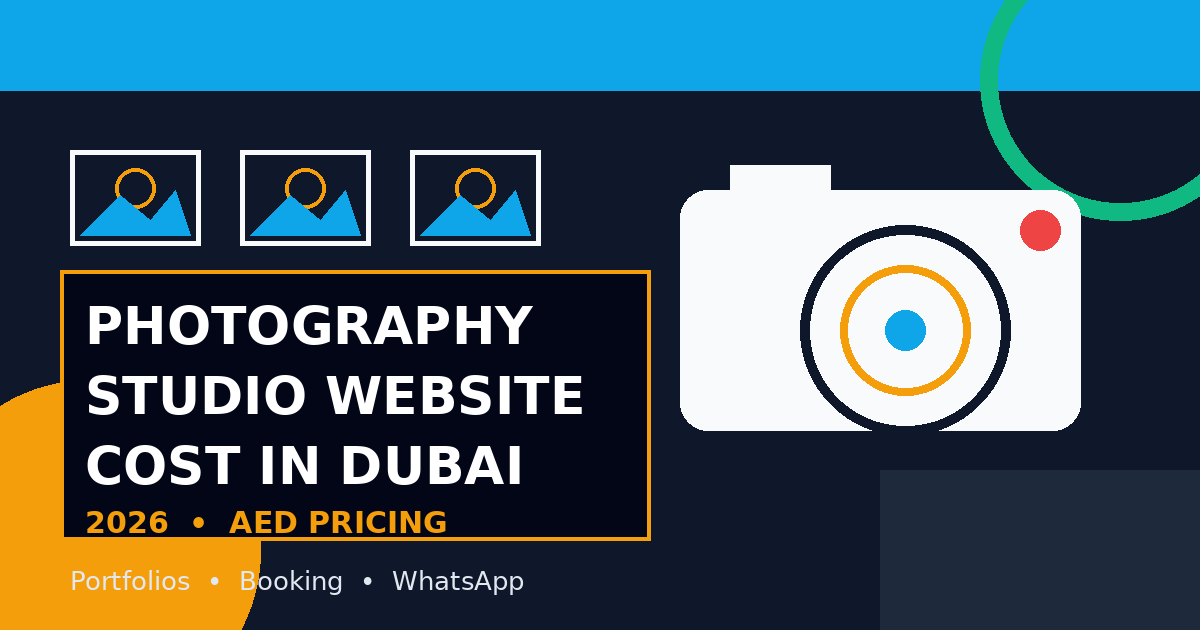 Photography studio website cost in Dubai 2026 — camera, gallery and booking icons on a dark cover
