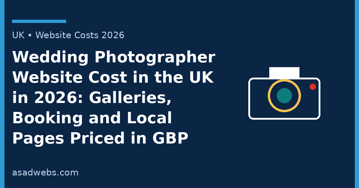 Guide cover: wedding photographer website cost in the UK in 2026 — galleries, booking and local pages priced in GBP