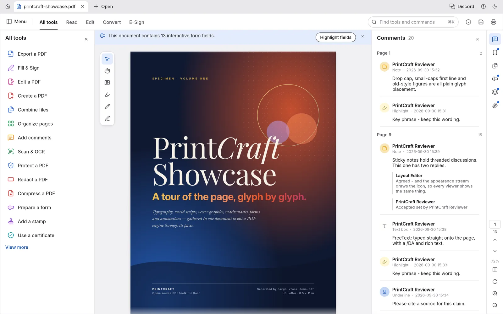 PdfCraft PDF workbench showing a showcase document with the All tools panel and threaded comments