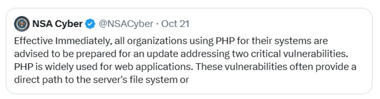 NSA Cyber post on X advising all organizations using PHP to prepare for an update addressing two critical vulnerabilities