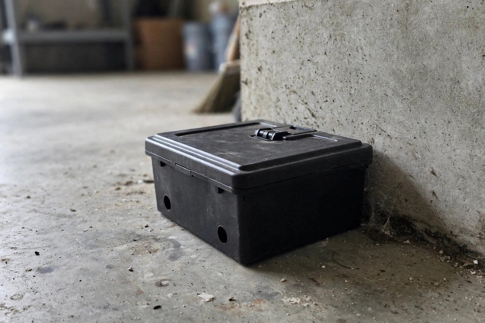Secured rat poison bait station placed safely out of reach of children and pets