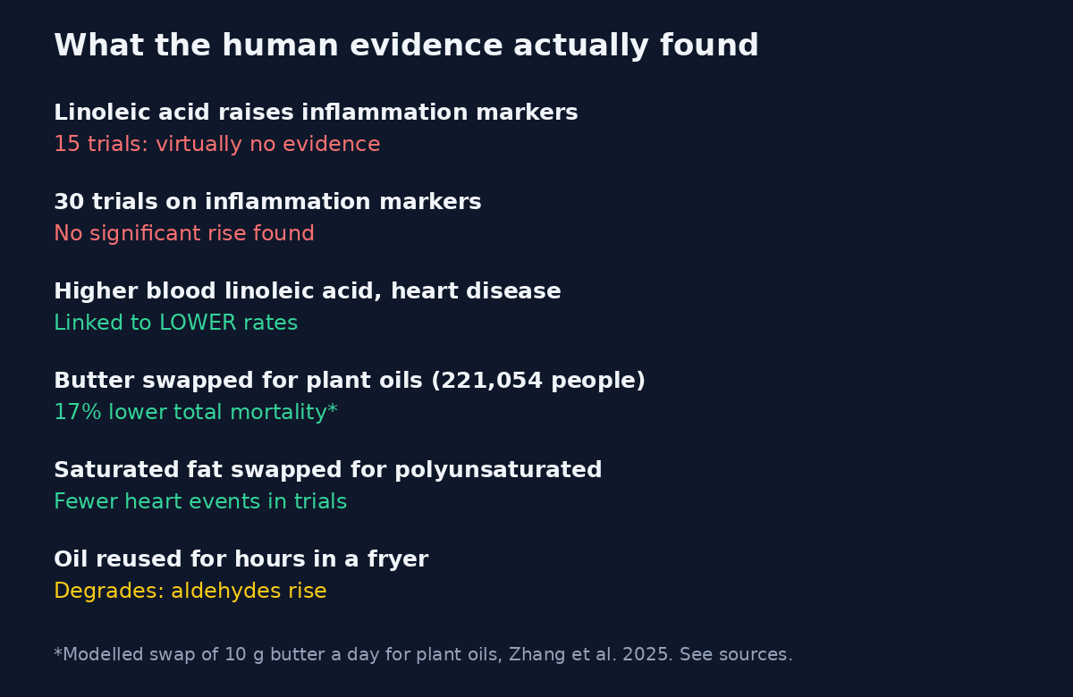 Chart summarising the seed oil evidence: 15 trials found virtually no inflammation rise from linoleic acid, 30 trials found no significant rise, higher blood linoleic acid linked to lower heart disease, swapping butter for plant oils linked to 17 percent lower total mortality, and reused fryer oil genuinely degrades