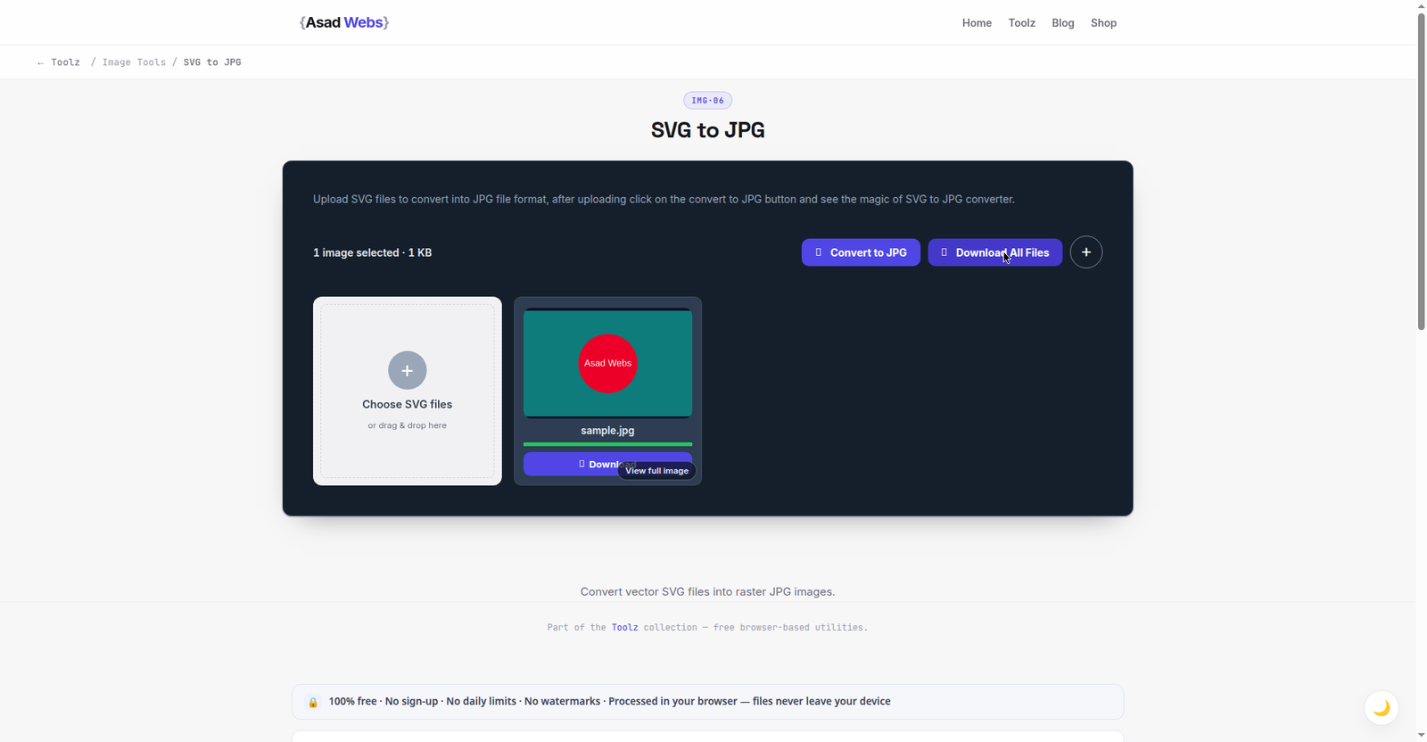 The SVG to JPG converter with an SVG file loaded: one image selected and the converted JPG offered with Download and Download All Files buttons