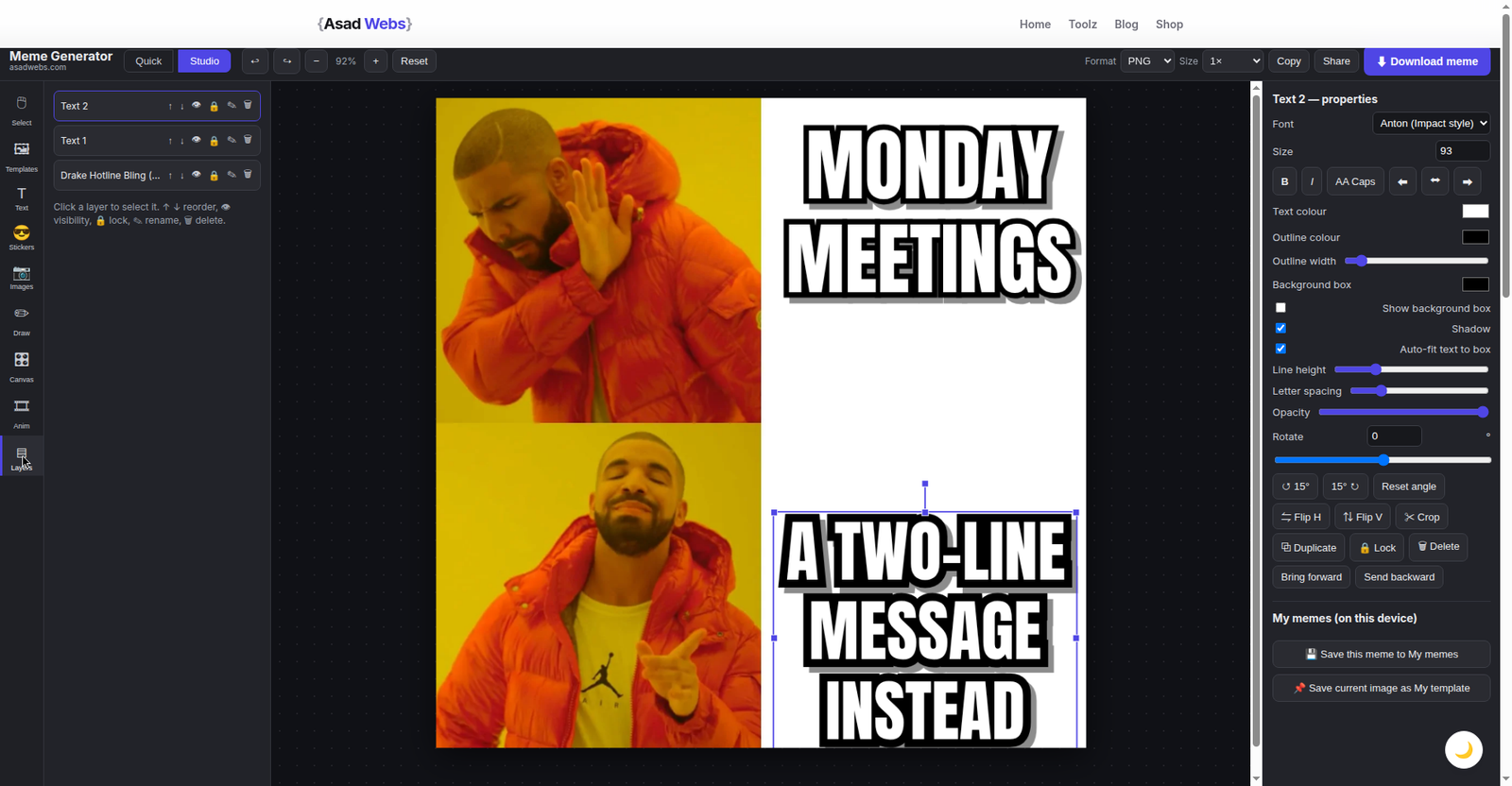 Meme Generator Studio mode showing the layers panel with two text layers and the template layer