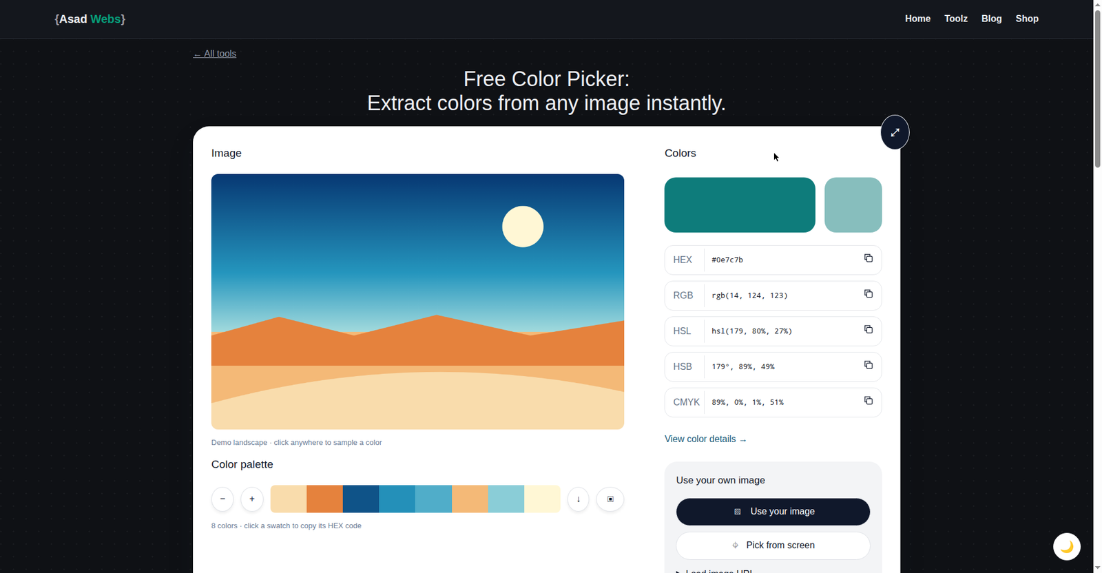 The color picker with the teal HEX 0E7C7B inspected: RGB 14 124 123, HSL 179 80 percent 27 percent, HSB and CMYK 89 0 1 51 shown side by side next to the colour swatch