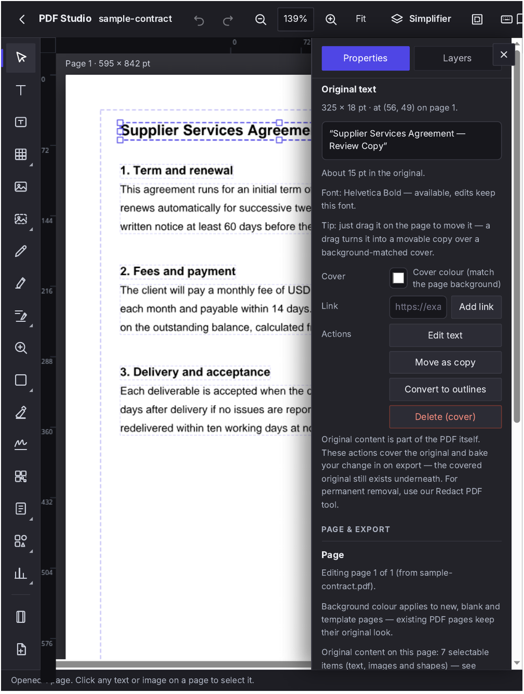 PDF Studio editor with a document open and an existing element selected for editing