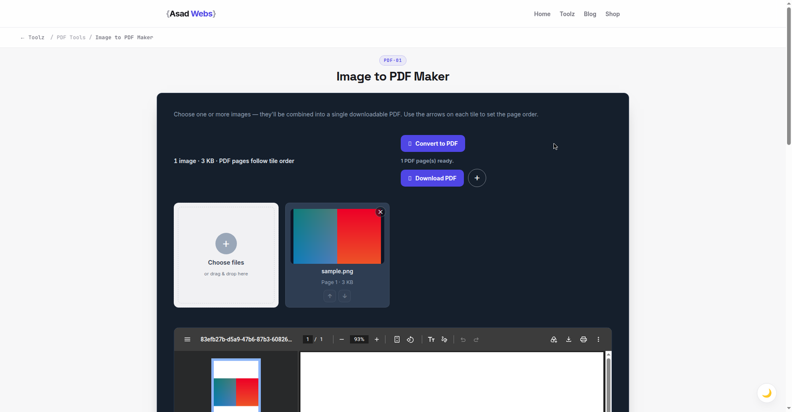 The image to PDF maker with an image queued as Page 1 and the finished PDF ready to download