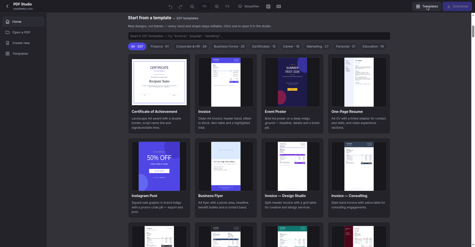 PDF Studio template gallery showing 207 templates in categories including certificates, invoices, posters, resumes, flyers and menus