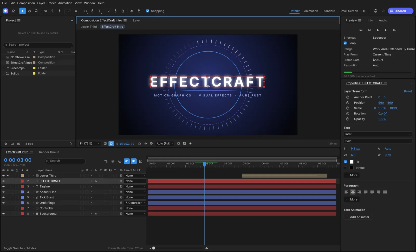 EffectCraft motion graphics editor with composition panel, timeline and text and shape layers
