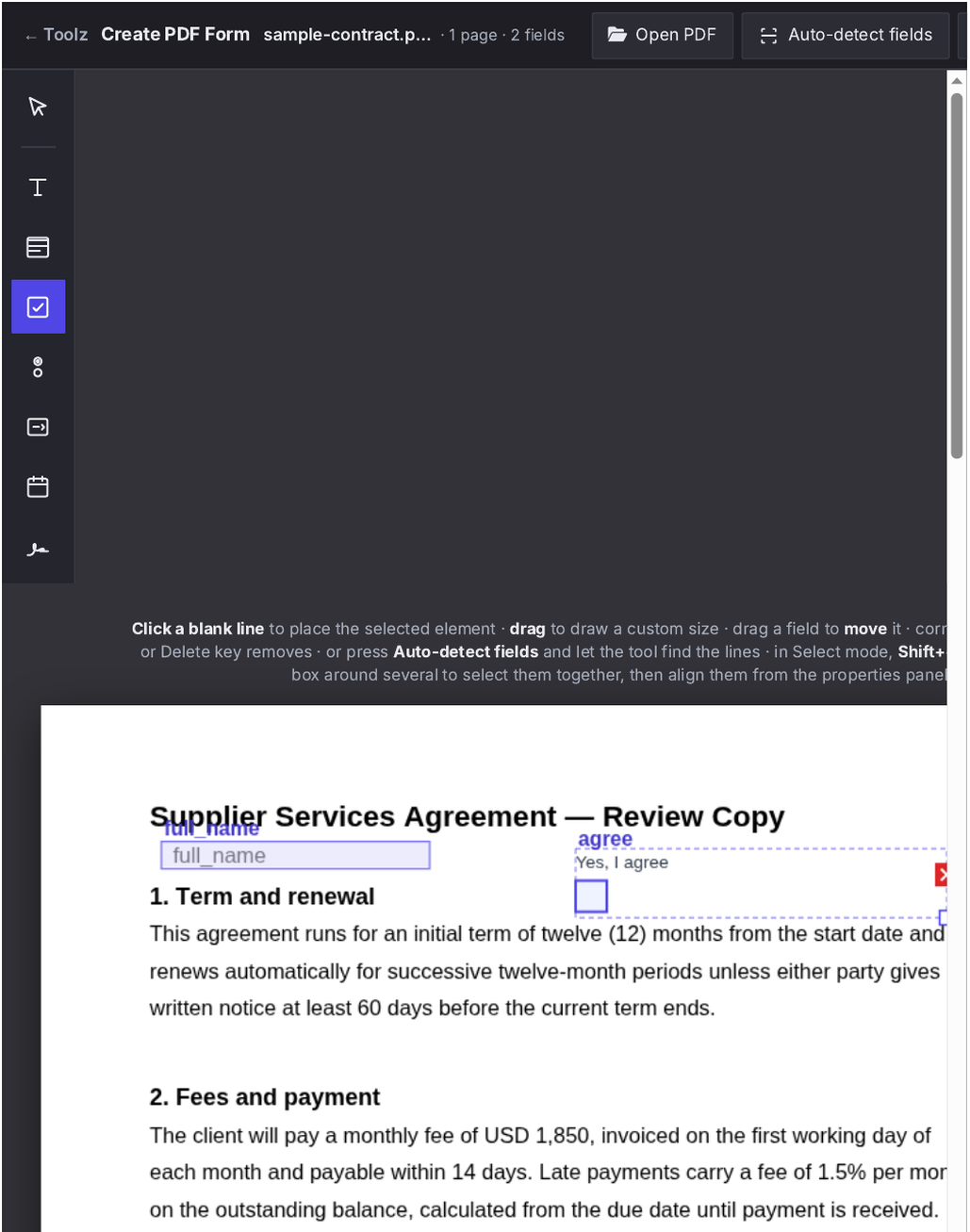 Create PDF Form tool with real form fields placed on a document page