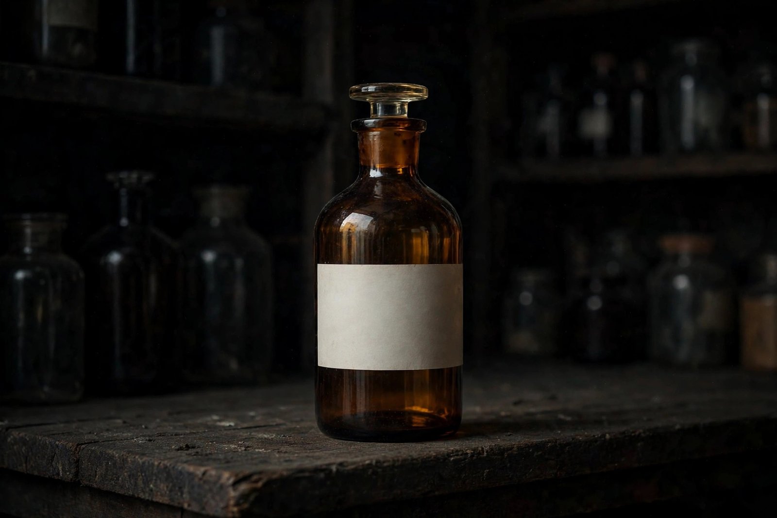 Amber lab bottle of chloroform stored in dark storage away from light