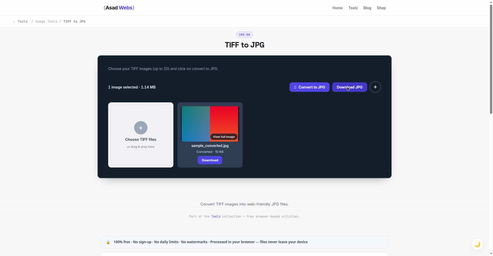 The TIFF to JPG converter with a 1.14 MB TIFF loaded and the converted JPG offered for download at 10 KB