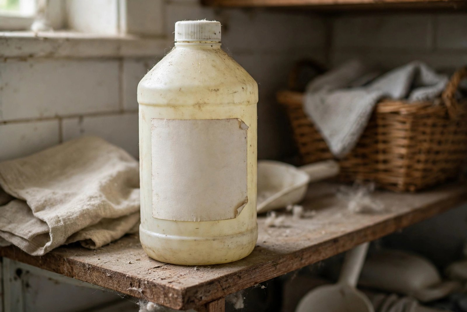 Old expired bleach bottle with a faded label