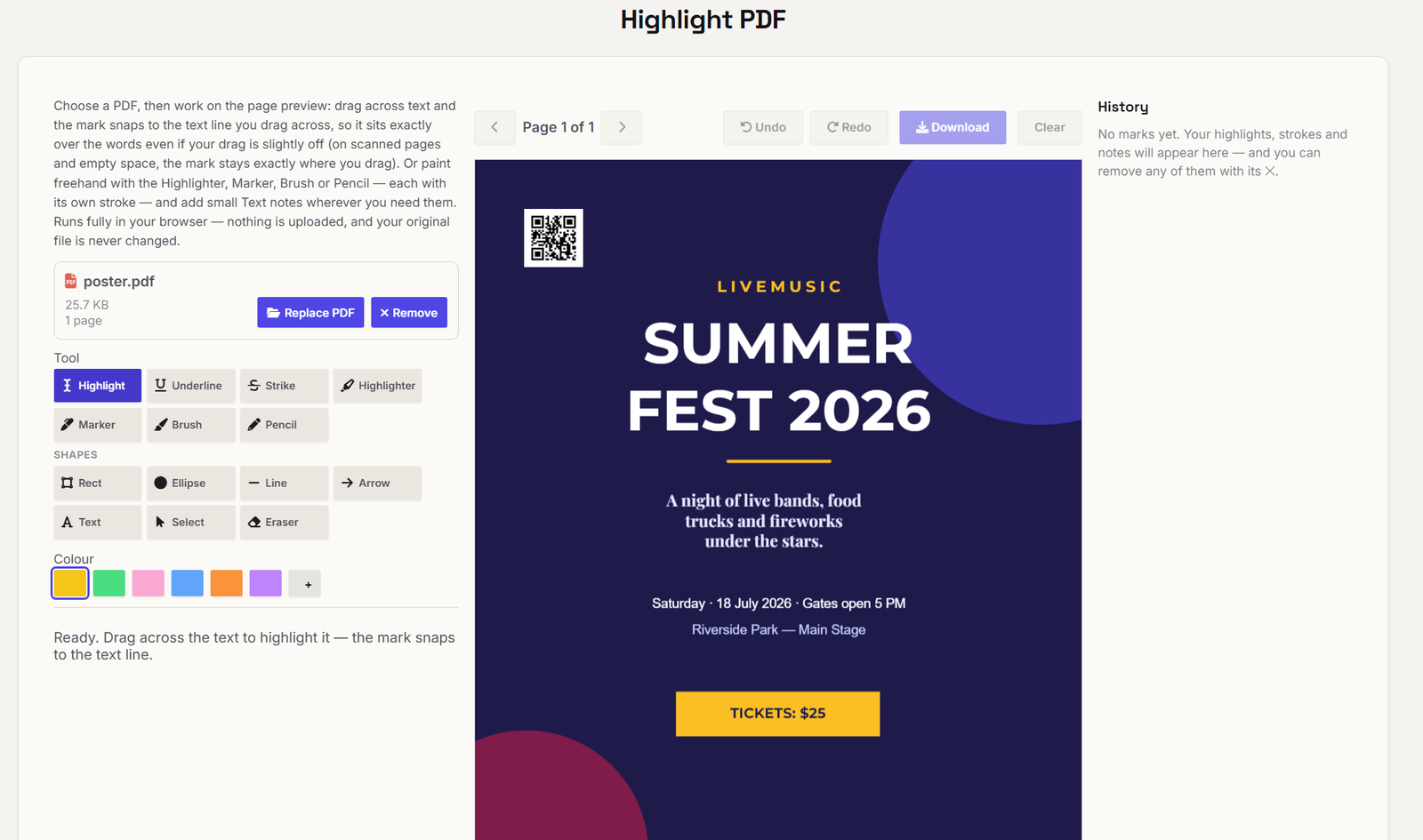 Highlight PDF tool with a document open and the highlight tools, colour palette and History panel visible