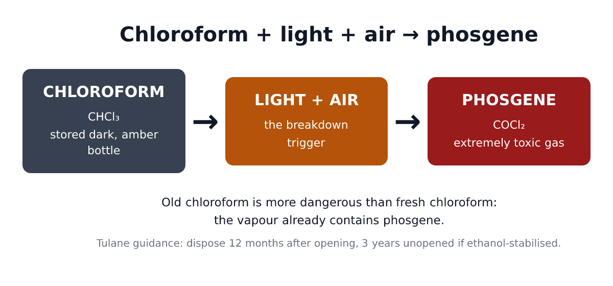 Diagram showing chloroform reacting with light and oxygen to form toxic phosgene gas