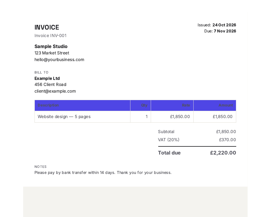 Invoice generator showing invoice INV-001 for Example Ltd totalling £2,220.00 including VAT
