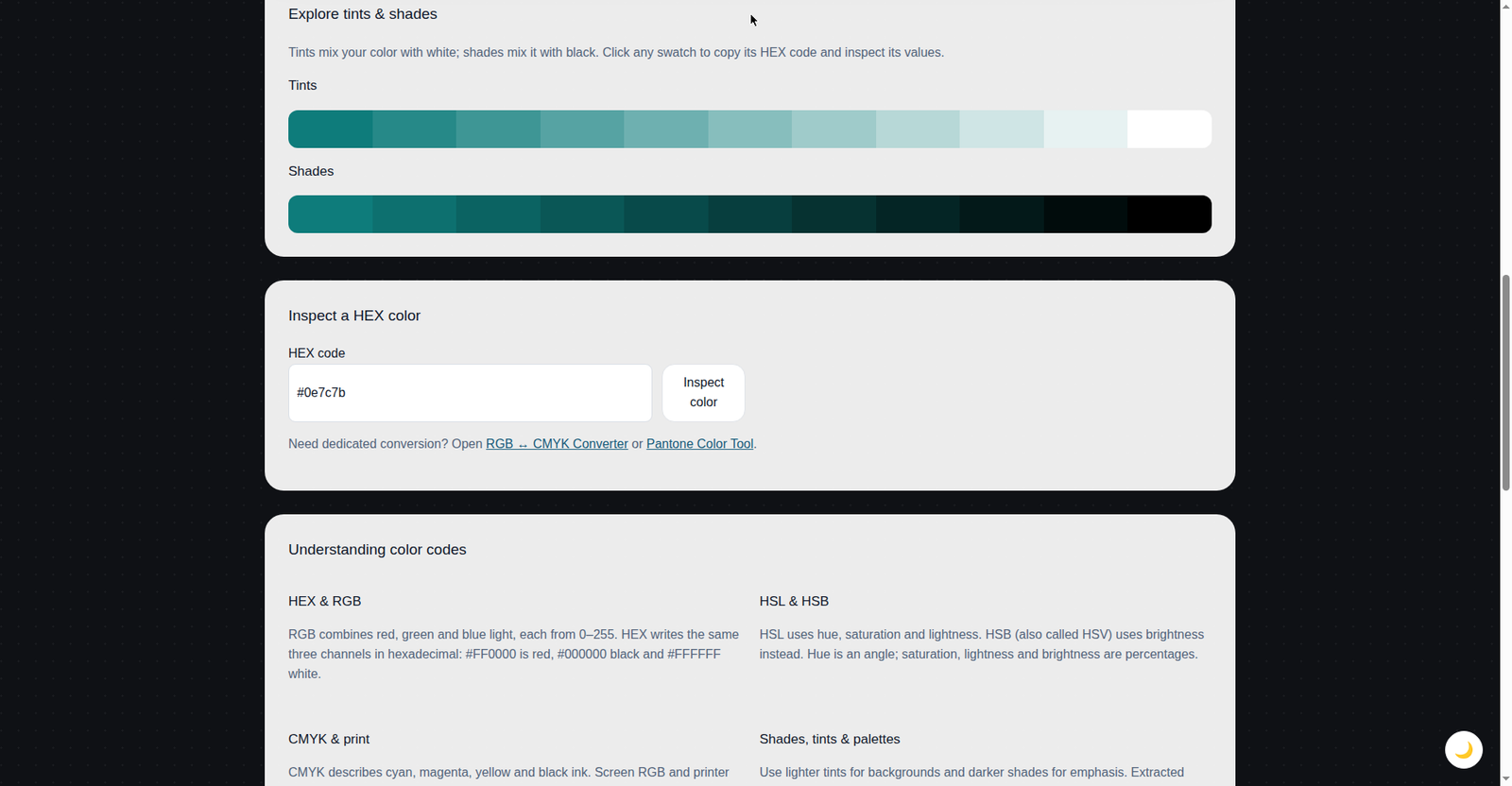 The colour tool showing Tints and Shades generated from the teal 0E7C7B: lighter tints above and deeper shades below the base colour