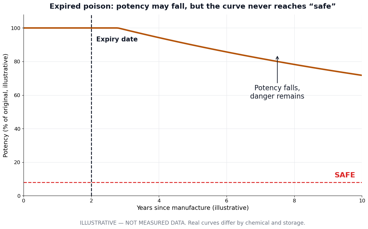 Illustrative chart showing poison potency declining over time but never reaching the safe line