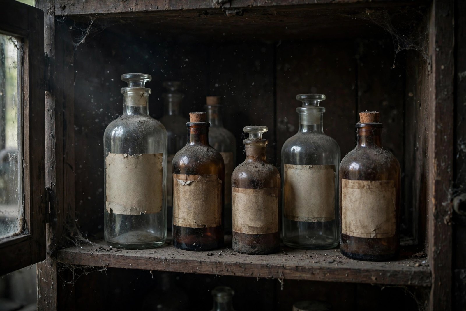 Old bottles of expired poison stored in a dark cabinet