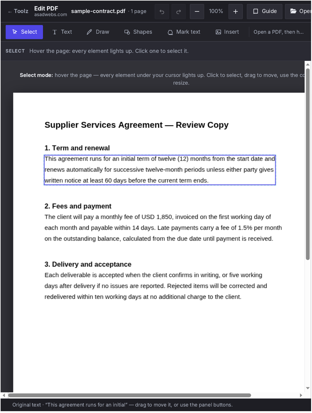 Edit PDF tool with an original element of the document selected, ready to move or retype