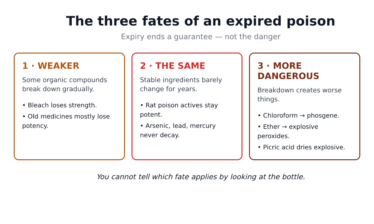 Flowchart of the three fates of expired poison: weaker, unchanged, or more dangerous