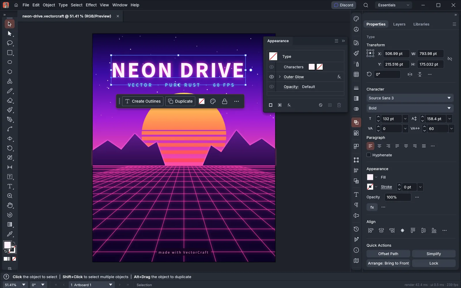 VectorCraft vector illustration editor with the Neon Drive poster, Appearance panel and live outer glow