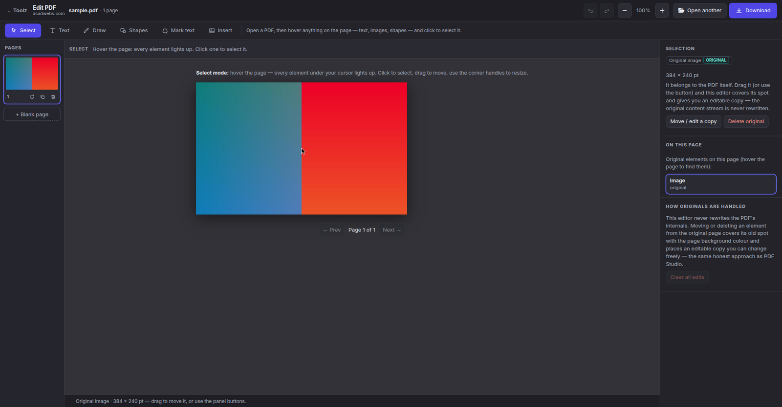 Edit PDF with a page image selected, showing resize handles and the selection panel