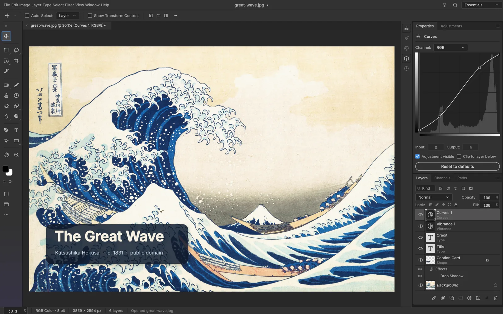 PhotoCraft image editor editing The Great Wave with Layers, Curves and Vibrance panels open