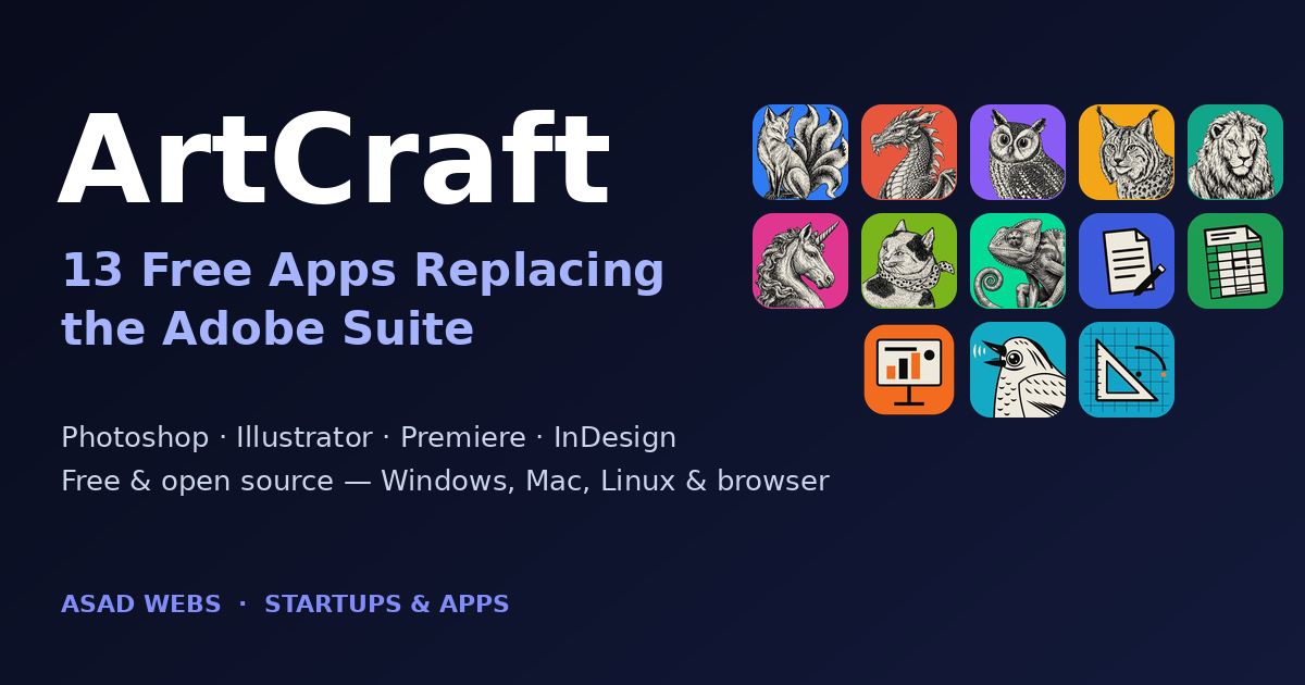 ArtCraft — 13 free Crafting Apps with their official app icons, the open-source alternatives to Photoshop, Illustrator, Premiere Pro and InDesign