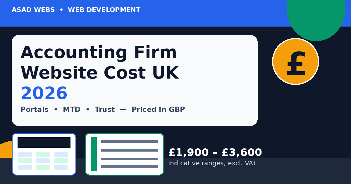 Accounting firm website cost UK 2026 cover showing a calculator, ledger book and pound symbol