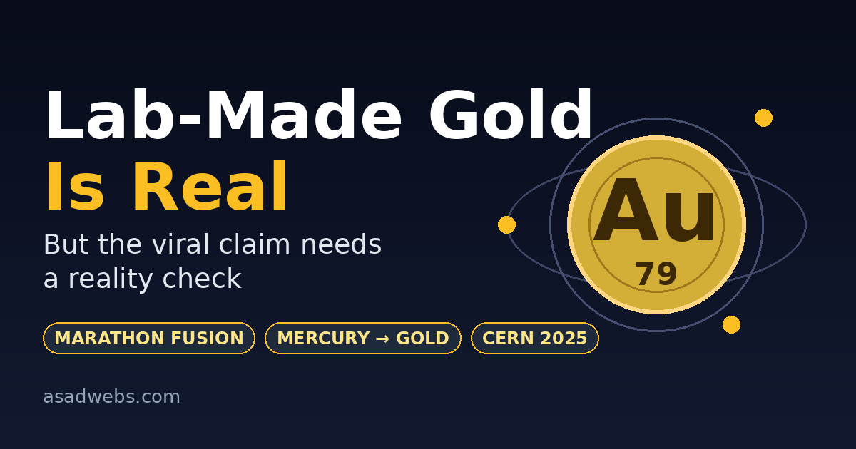 Gold atom disc with the headline Lab-Made Gold Is Real