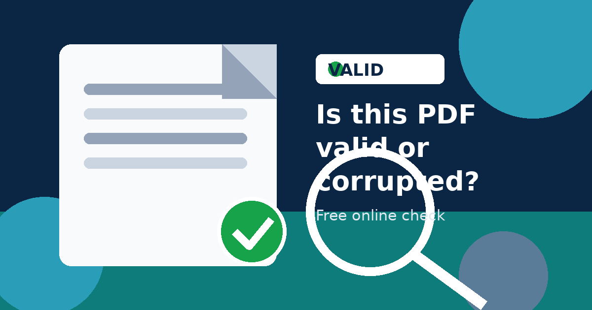 Guide cover: How to Check If a PDF Is Valid or Corrupted Online — a PDF document with a green validation checkmark and magnifier