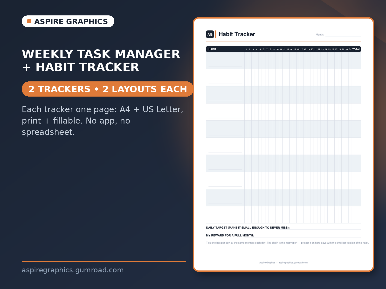 One-Page Weekly Task Manager + Habit Tracker Set